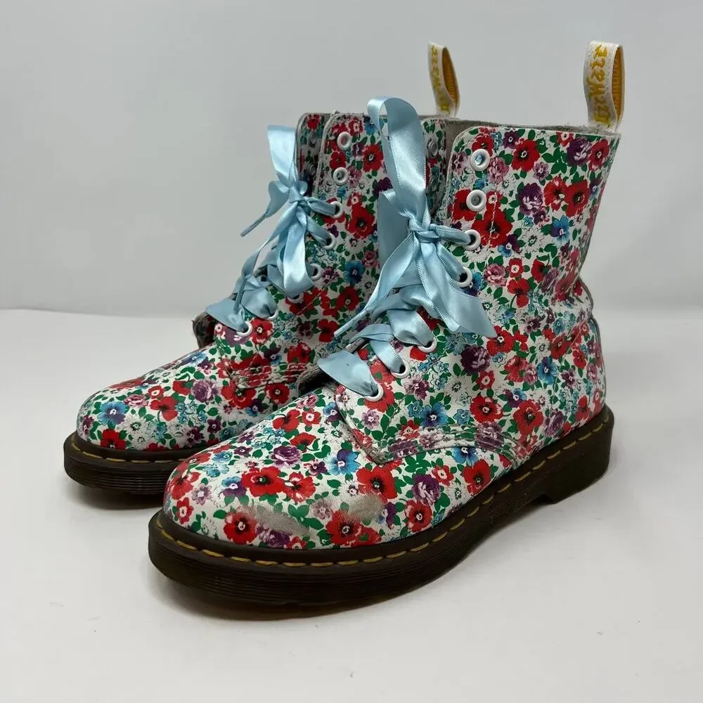 Dr. Marten Boots Women's Size 8 Blue Pascal Floral Print Ribbon Laces Combat - Picture 12 of 16